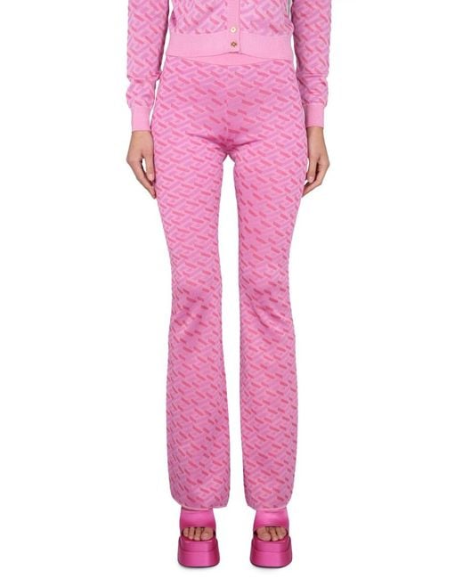 Versace Pink Jacquard Pants With Greek Print Silk Trousers