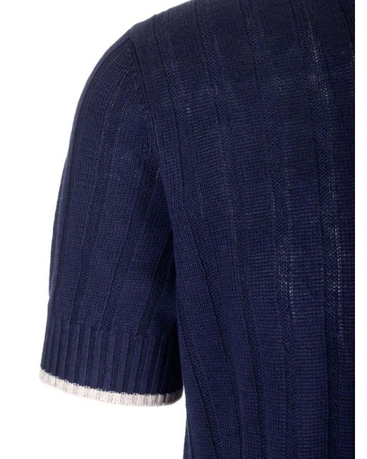 Brunello Cucinelli Blue Linen And Cotton Short Sleeves Sweater for men