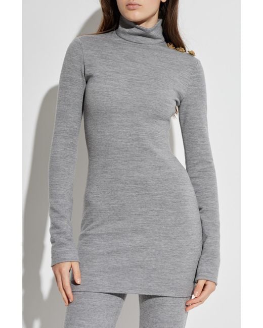 Balmain Gray Dress With A Stand-Up Collar
