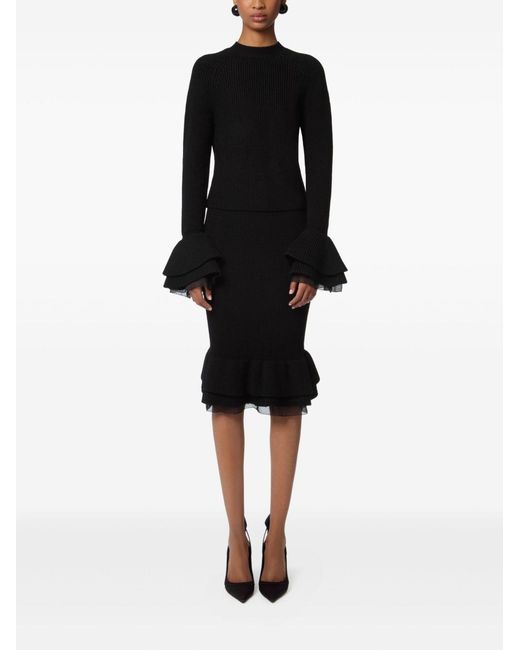 Nina Ricci Black Skirt Ribbed Virgin Wool Midi