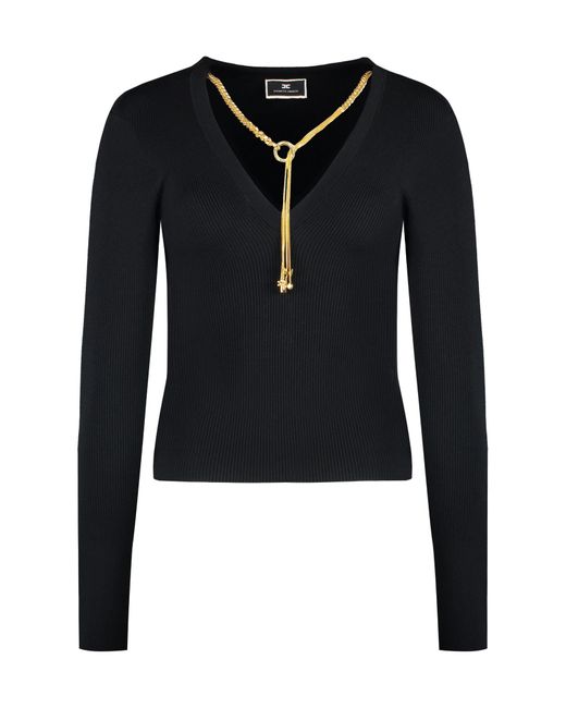 Elisabetta Franchi Black Tricot Sweater With Jewel