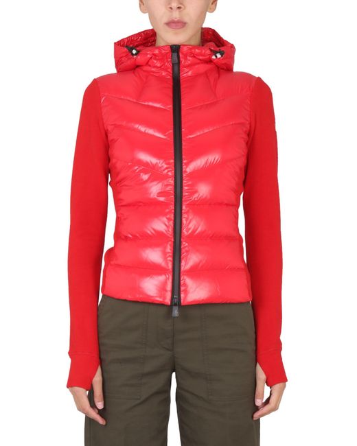 Moncler Red Cardigan With Hood And Padding