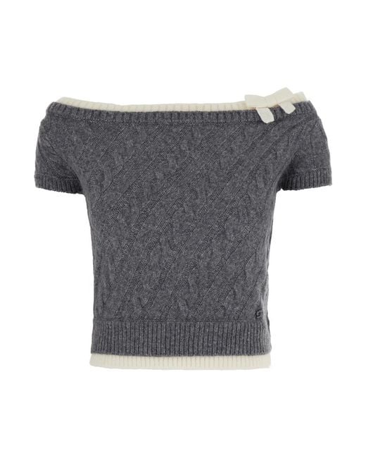ShuShu/Tong Gray Wool Top With Boat Neck And Bow Detail Merino