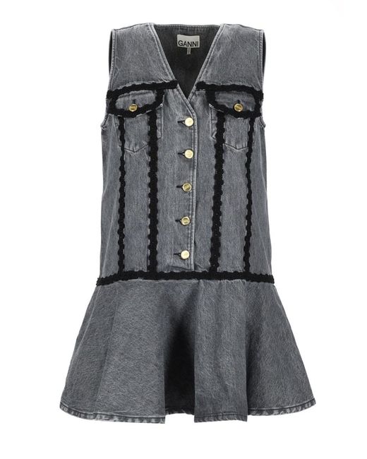 Ganni Gray Cotton Mini Dress Organic
