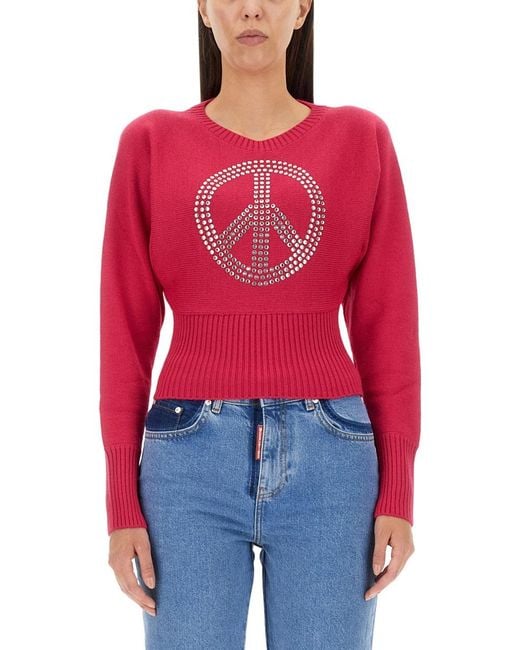 Moschino Red Peace Symbol Jersey Virgin Wool Jumpers