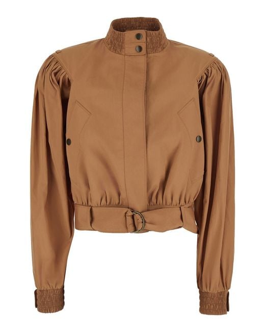 Chloé Brown Jacket With High Collar And Waist Belt