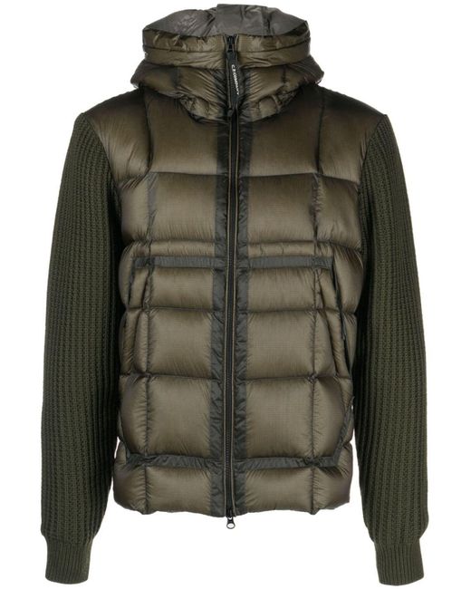 C P Company Green Ribbed-knit Panel Quilted Hooded Jacket for men