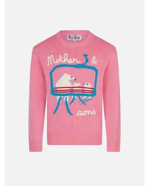 Mc2 Saint Barth Pink Girl Crewneck Sweater With Bears Embroidery
