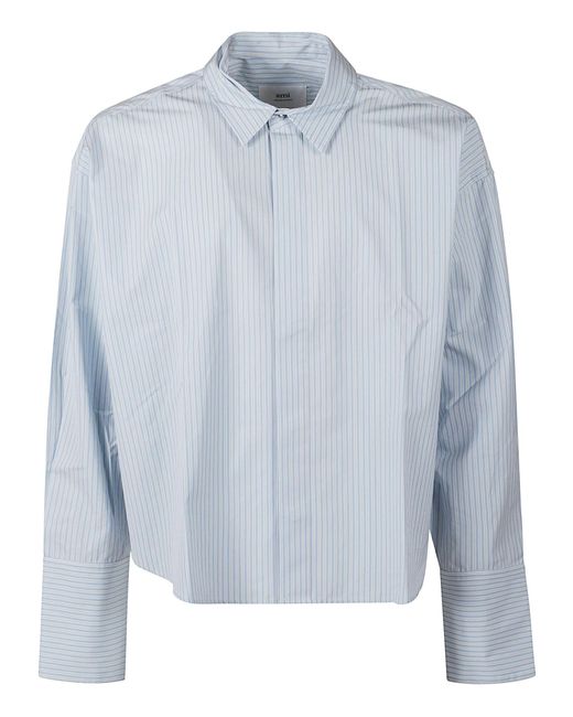 AMI Blue Long-Sleeved Crop Stripe Shirt for men