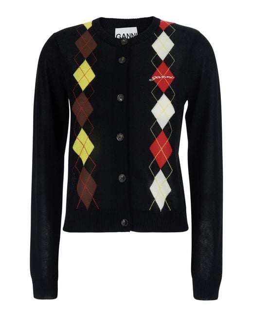 Ganni Blue Crew Neck Cardigan Cotton Tops