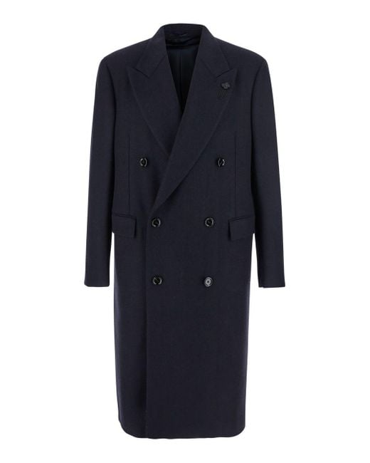 Lardini Blue Double-Breasted Coat With Peak Lapels for men