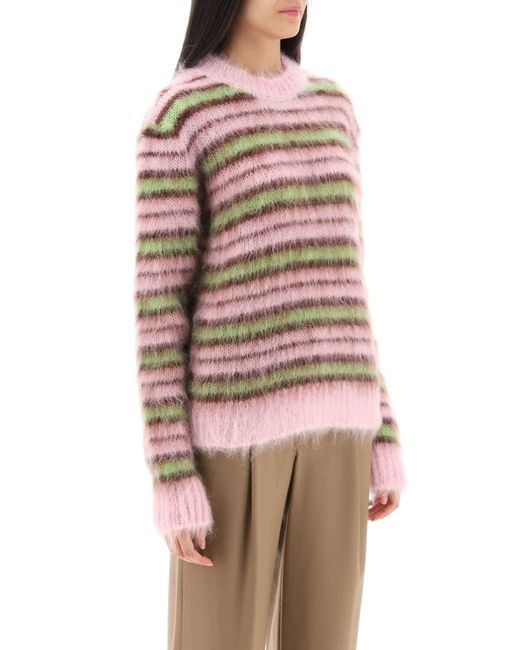 Marni Pink Sweater In Brushed Mohair With Striped Motif