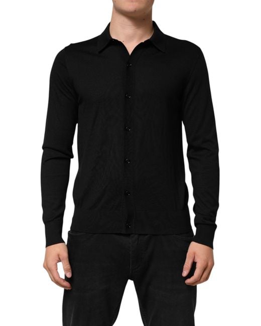 Dolce & Gabbana Black Silk Button Up Lightweight Sweater Clothing for men