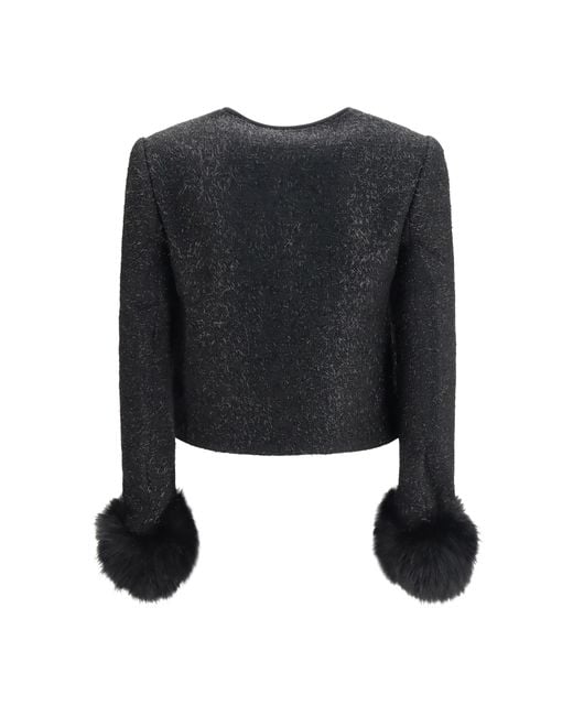 Self-Portrait Black Metallic Bouclé Jacket With Faux Fur Cuffs