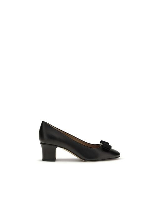 Ferragamo Black Calf Leather Bos Taurus Mid Heel Pumps