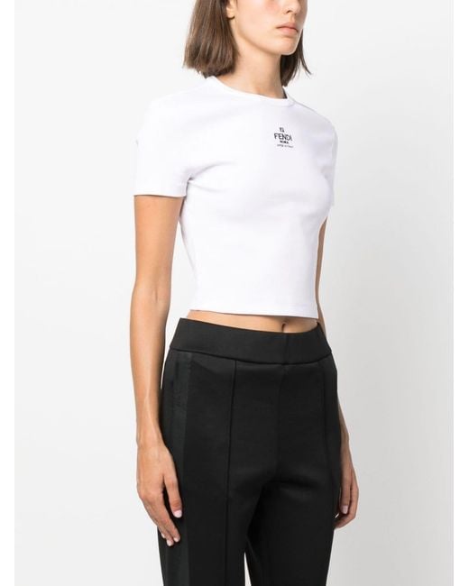 Fendi White Embroidered Cotton Crewneck Top