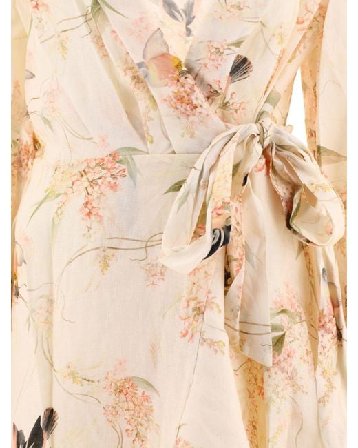 Zimmermann Natural Floral Print Linen Wrap Midi Dress