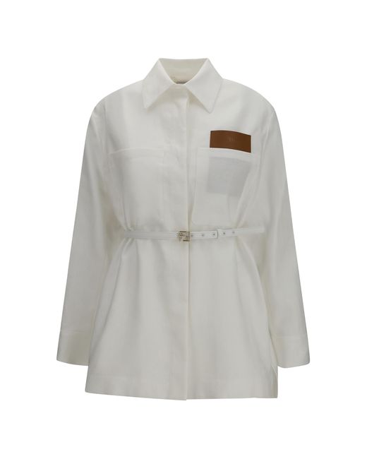 Fendi Gray Jacket Belted Linen-Cotton Shirt