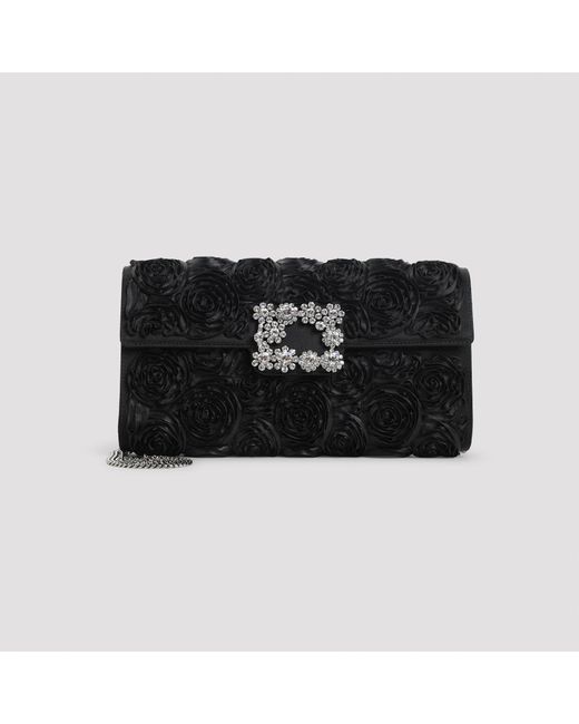 Roger Vivier Black Envelope Flap Rose Flower Buckle Shoulder Bag
