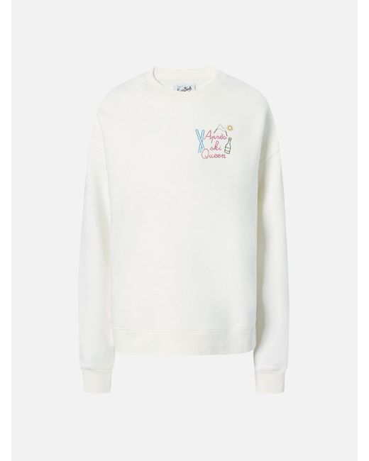Mc2 Saint Barth White Stardust Cotton Sweatshirt With Rhinestone Appliqué Après Ski Queen