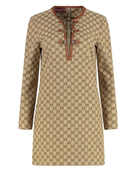 Gucci Natural Gg Jacquard Fabric Dress Cotton