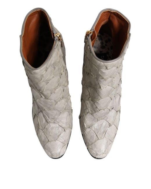 Dolce & Gabbana White Ankle Boot Fish Leather Zipper