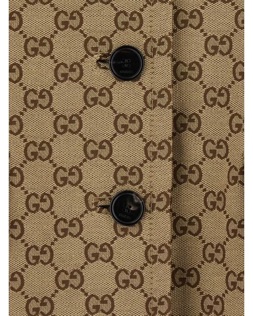 Gucci Natural Coat Gg Canvas With Pointed Collar