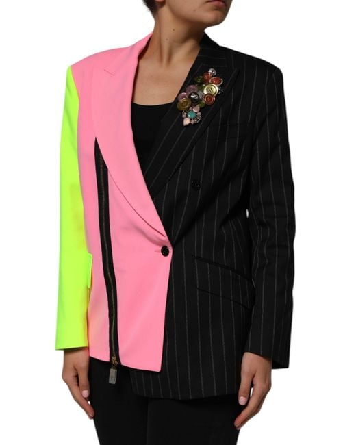 Dolce & Gabbana Pink Multicolor Patchwork Embellished Coat Jacket