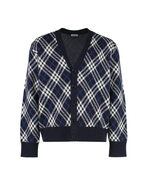 Burberry Blue Wool Cardigan With Vintage Check Print Cardigans for men