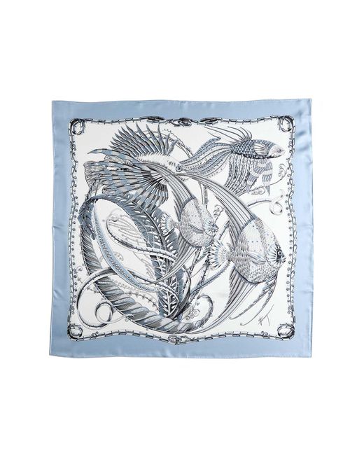 Ferragamo Blue Fish Print Silk Scarf