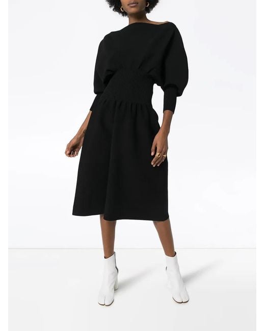 Bottega Veneta Black Pouf Sleeve Flared Midi Dress