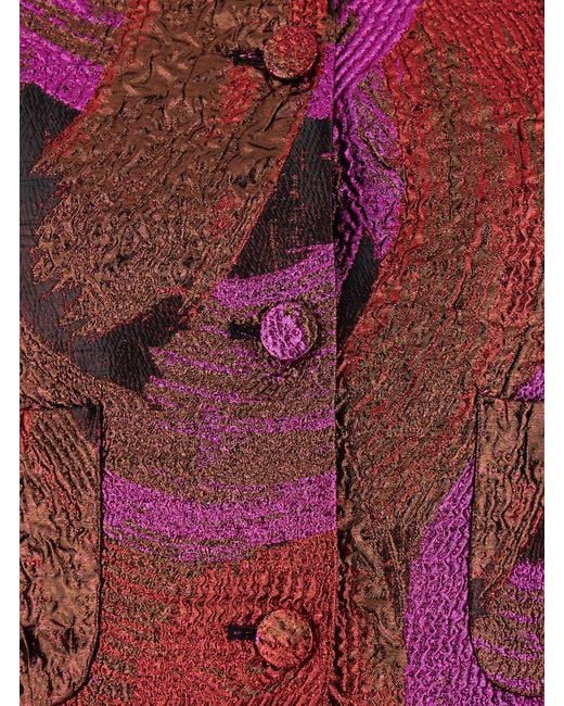 Le Plain Red Fuchsia Collarless Jacket With All-Over Broccato Motif