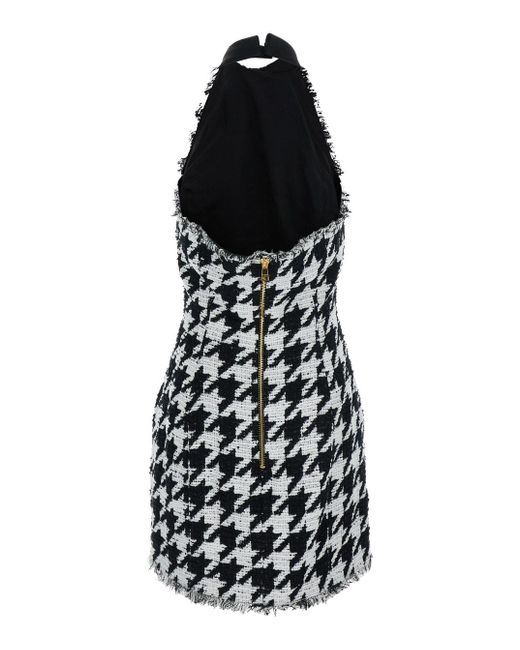 Balmain White Buttoned Halterneck Tweed & Satin Dress