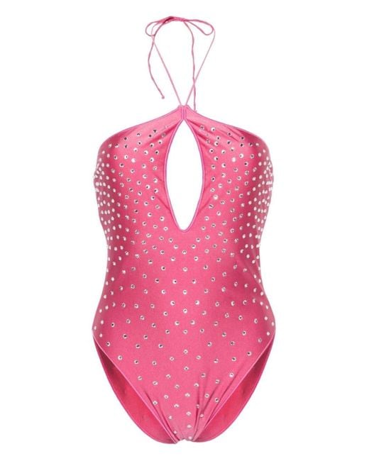 Oseree Pink Flamingo Gem Necklace Maillot Swimsuit