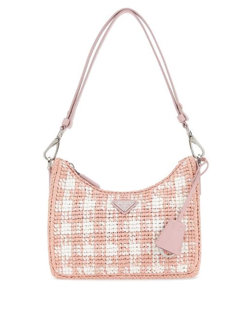 Prada Pink Two-Tone Raffia Mini Re-Edition Shoulder Bag