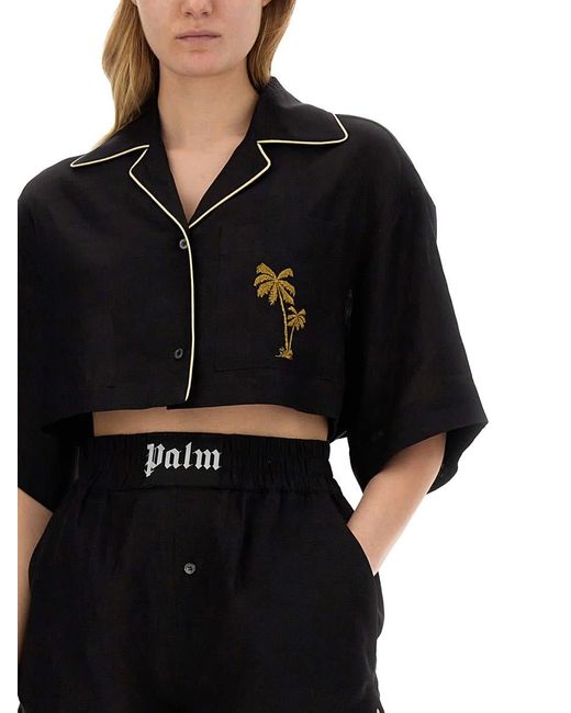Palm Angels Black Cropped Bowling Shirt