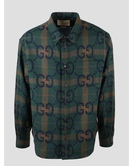 Gucci Green Jumbo Gg Check Wool Shirt for men