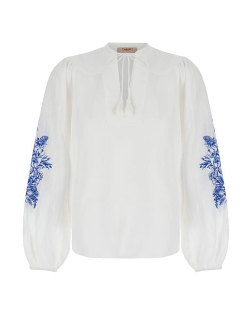 Twin Set White Blouse With Drawstring And Floreal Embroideries