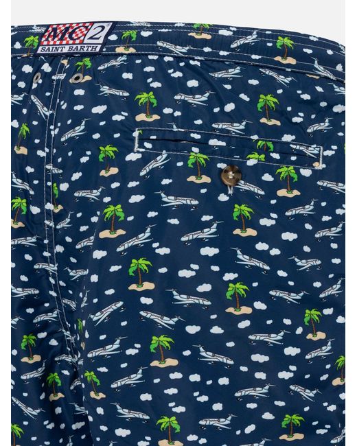 Mc2 Saint Barth Blue Lightweight Fabric Swim Shorts Lighting With Palms And Planes Print for men