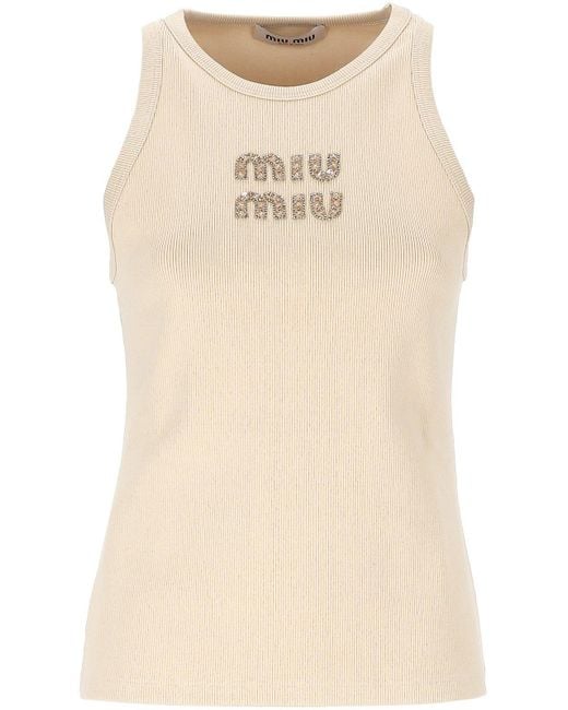 Miu Miu Natural Logo-Embellished Ribbed Sleeveless Top