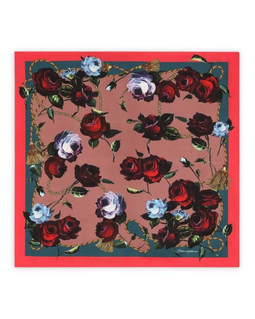 Dolce & Gabbana Red Twill Scarf With Vintage Rose (90 X 90)