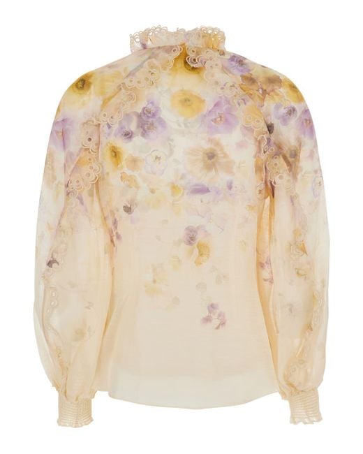 Zimmermann Natural Blouse With Floral Print And Ruched Details