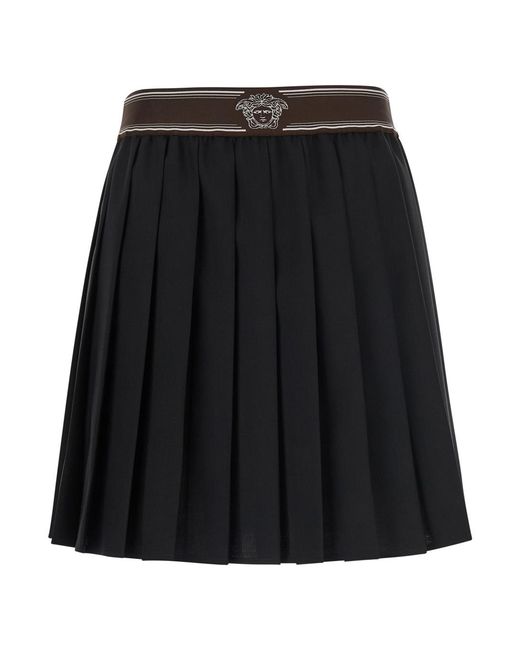 Versace Black Skirt Pleated Wool With Medusa Waist Mohair