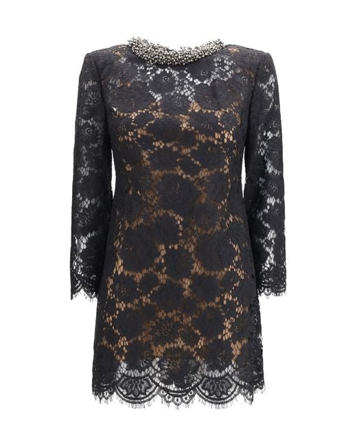 Self-Portrait Black Dress, Lace Long-Sleeve Mini — Polyamide