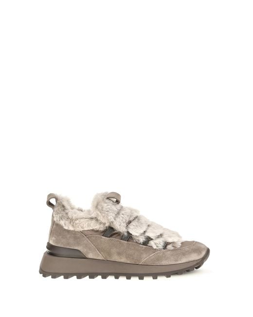 Brunello Cucinelli White Suede Shearling-Lined Sneakers Upper: Trainers