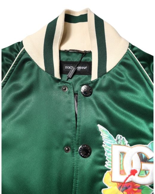 Dolce & Gabbana Green Satin Floral Patch Bomber Jacket for men