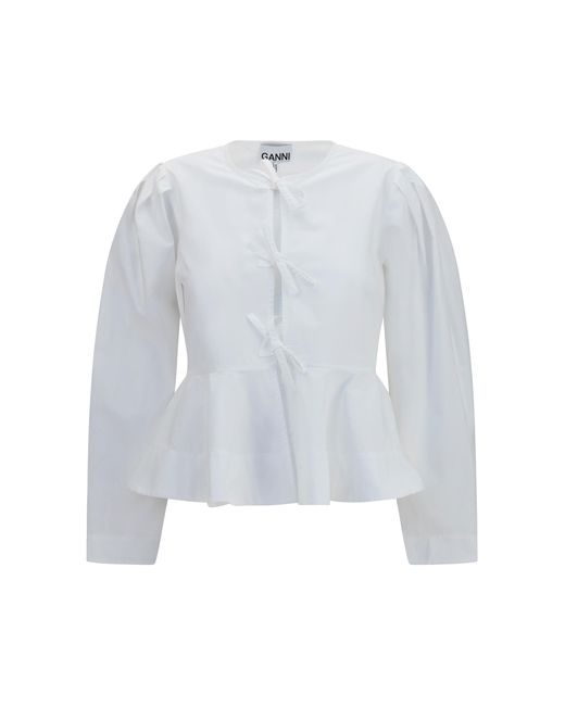 Ganni White Cotton Poplin Blouse With Bows Shirt