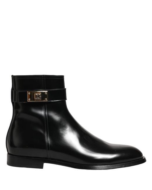 Dolce & Gabbana Black Leather Logo Buckle Mid Calf Boots Shoes for men