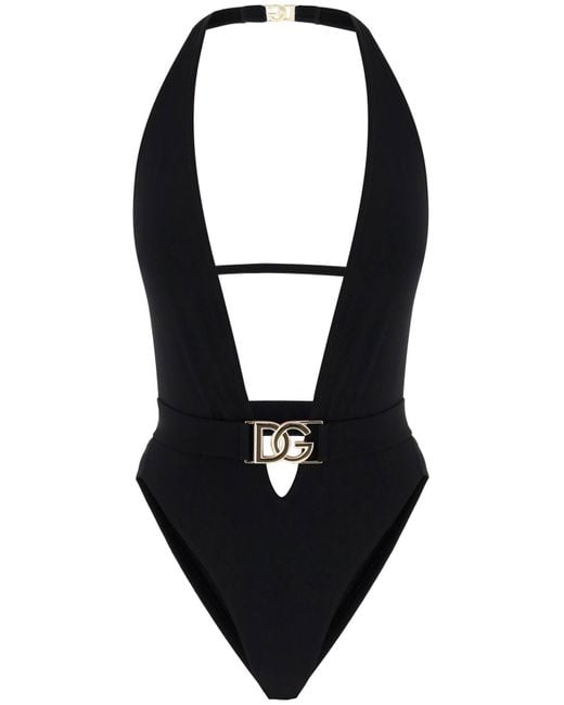 Dolce & Gabbana Black Plunging Neckline Belted Swimsuit