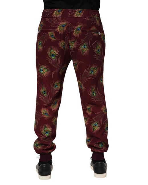 Dolce & Gabbana Red Peacock Feather Print Jogger Pants Polyester Elastane for men